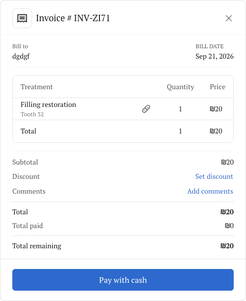 Invoice for a filling restoration