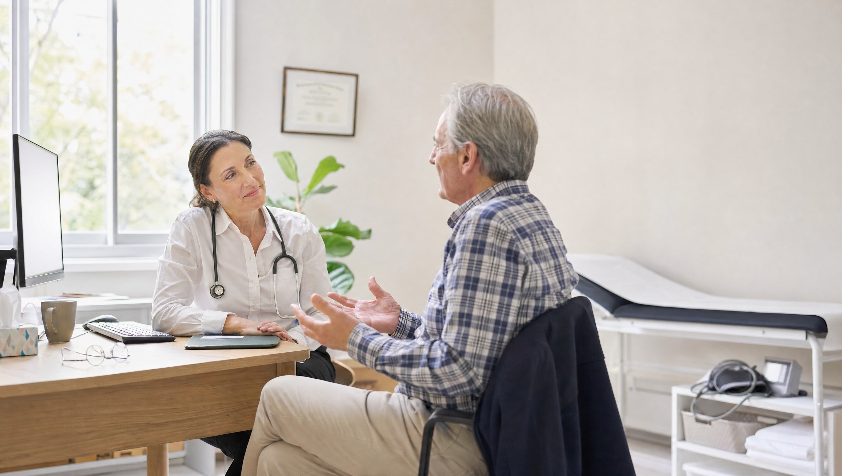 A doctor talking with a patient across her desk