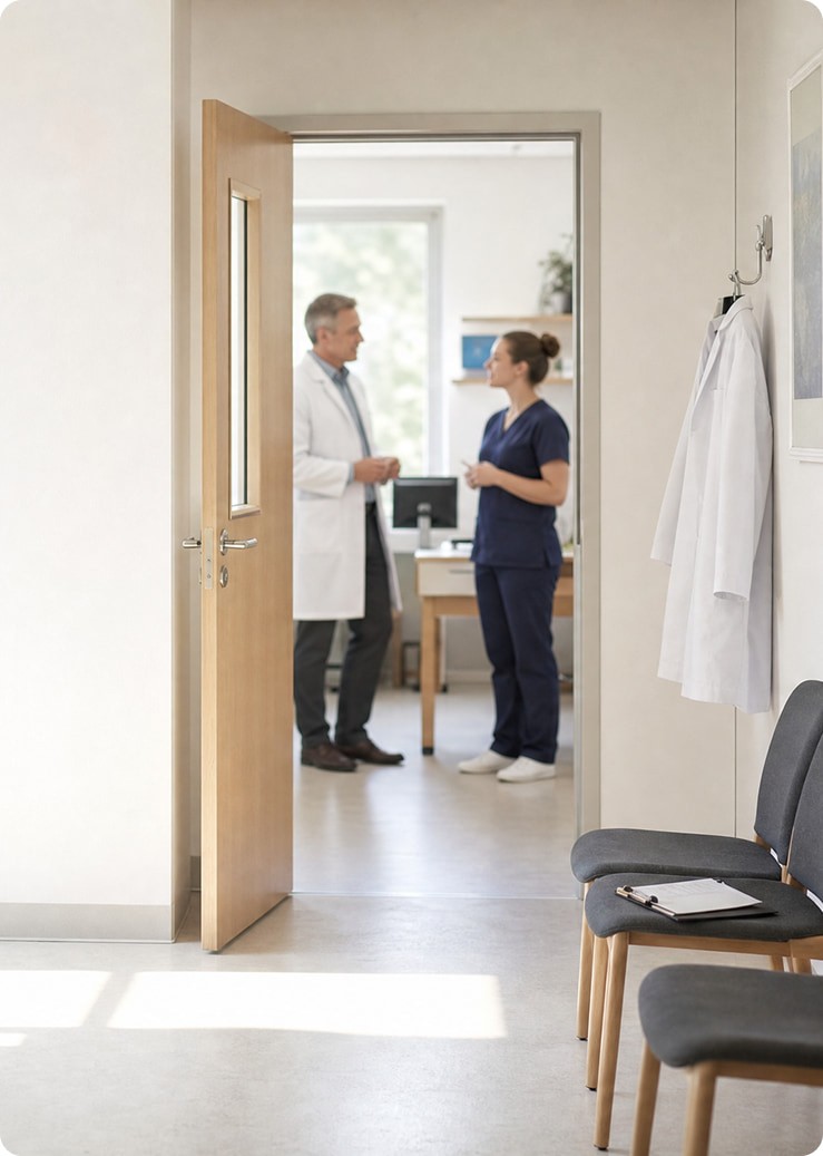A doctor and a nurse talking in a clinic doorway