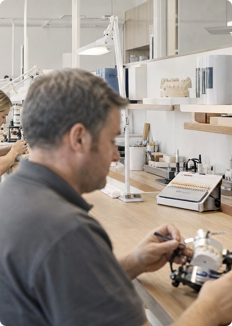 A lab technician working on a dental model