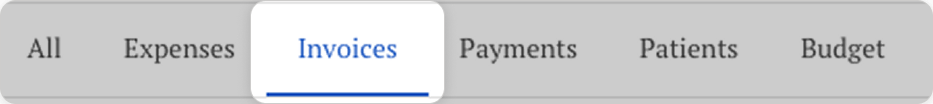 Sales tabs: all, expenses, invoices, payments, patients, budget